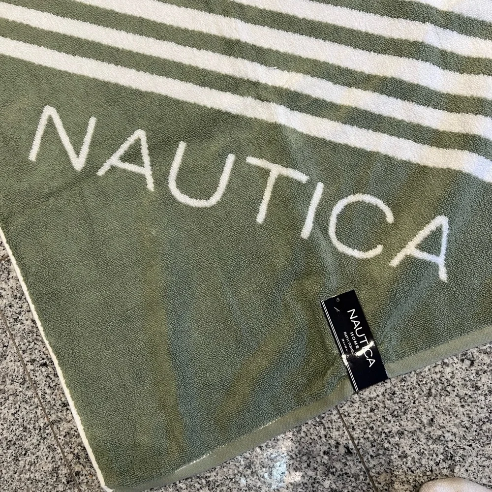 Nautica Olive Green & White Striped Towel Letters on the backside are inverted.